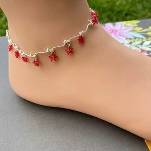 Sterling Silver Crystal Red Stars Anklet